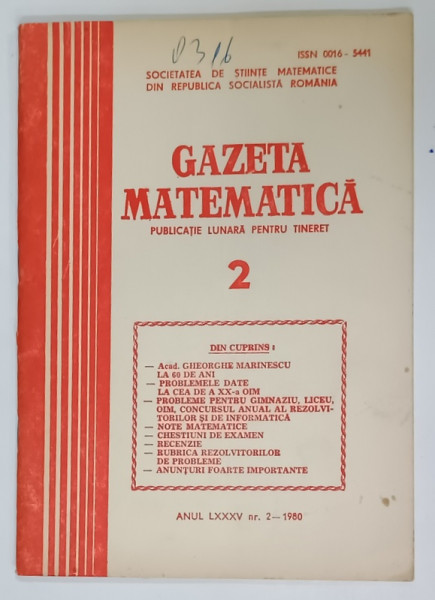 GAZETA  MATEMATICA , PUBLICATIE LUNARA PENTRU TINERET , NR. 2 , 1980