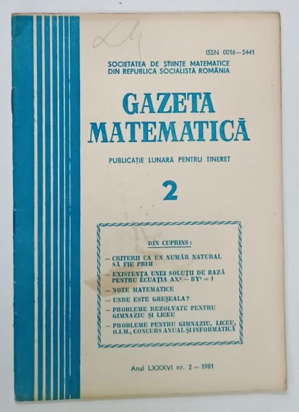 GAZETA  MATEMATICA , PUBLICATIE LUNARA PENTRU TINERET , NR. 2 , 1981