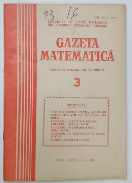 GAZETA  MATEMATICA , PUBLICATIE LUNARA PENTRU TINERET , NR. 3 , 1980