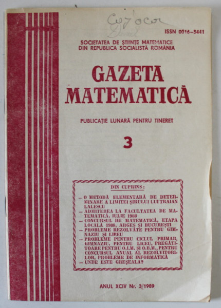 GAZETA MATEMATICA , PUBLICATIE LUNARA PENTRU TINERET , NR. 3 , 1989