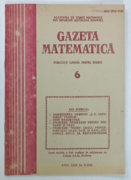 GAZETA MATEMATICA , PUBLICATIE LUNARA PENTRU TINERET , NR. 6 , 1989