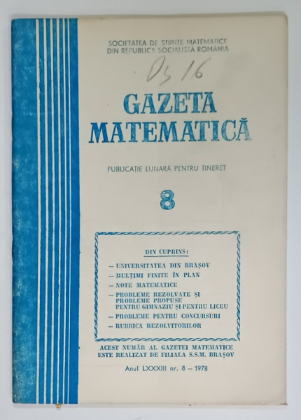 GAZETA  MATEMATICA , PUBLICATIE LUNARA PENTRU TINERET , NR. 8 , 1978