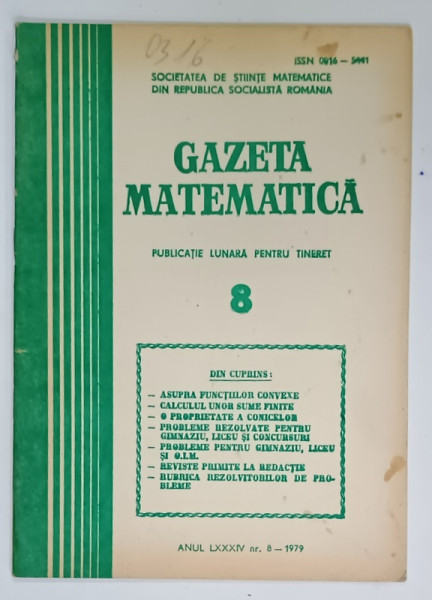 GAZETA  MATEMATICA , PUBLICATIE LUNARA PENTRU TINERET , NR. 8 , 1979