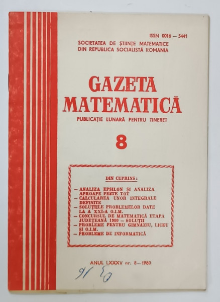 GAZETA  MATEMATICA , PUBLICATIE LUNARA PENTRU TINERET , NR. 8 , 1980
