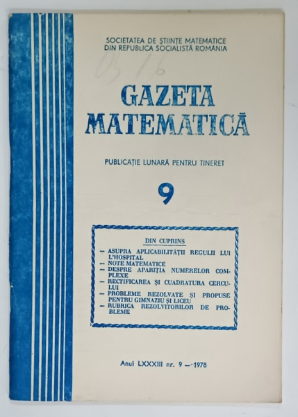 GAZETA  MATEMATICA , PUBLICATIE LUNARA PENTRU TINERET , NR. 9 , 1978