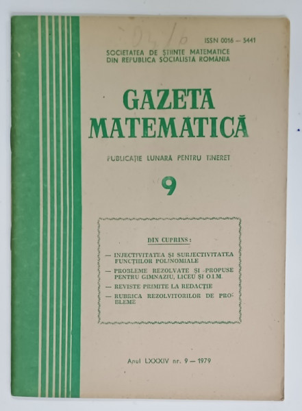 GAZETA  MATEMATICA , PUBLICATIE LUNARA PENTRU TINERET , NR. 9 , 1979