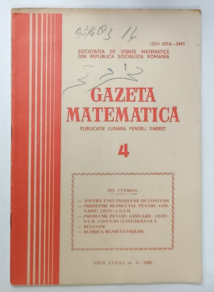 GAZETA  MATEMATICA , PUBLICATIE LUNARA PENTRU TINERET , NR.4 , 1980