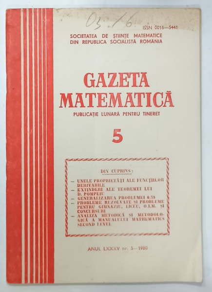 GAZETA  MATEMATICA , PUBLICATIE LUNARA PENTRU TINERET , NR.5, 1980