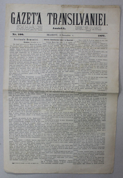 GAZETA TRANSILVANIEI ,  BRASOV , REDACTOR IACOB  MURESIANU ,  ANUL XL , NR. 100 , 22 DECEMBRIE , 1877