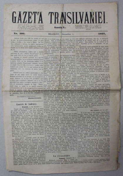 GAZETA TRANSILVANIEI ,  BRASOV , REDACTOR IACOB  MURESIANU ,  ANUL XL , NR. 101 , 25 DECEMBRIE , 1877