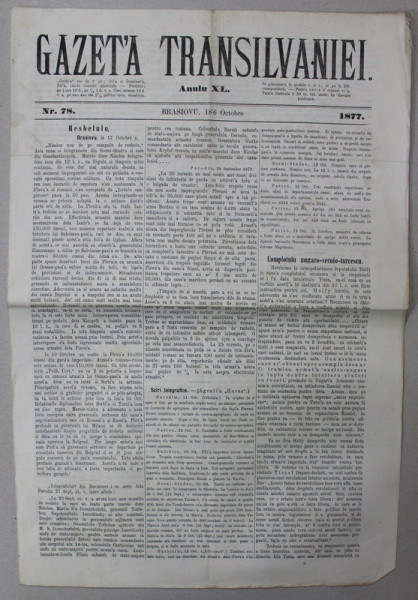 GAZETA TRANSILVANIEI ,  BRASOV , REDACTOR IACOB  MURESIANU ,  ANUL XL , NR. 78 , 18 octombrie  , 1877