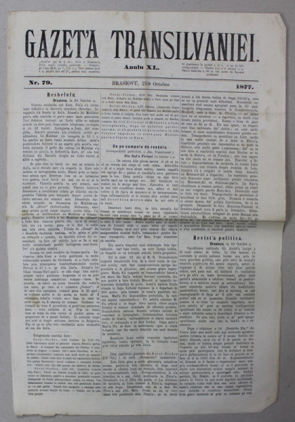 GAZETA TRANSILVANIEI ,  BRASOV , REDACTOR IACOB  MURESIANU ,  ANUL XL , NR. 79 , 21 octombrie  , 1877