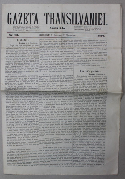 GAZETA TRANSILVANIEI ,  BRASOV , REDACTOR IACOB  MURESIANU ,  ANUL XL , NR. 93 , 9 DECEMBRIE , 1877