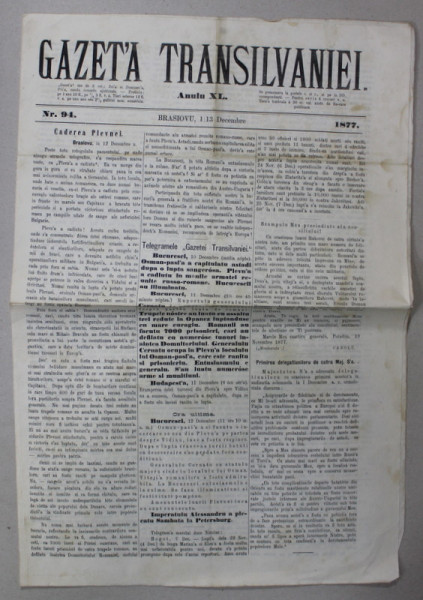 GAZETA TRANSILVANIEI ,  BRASOV , REDACTOR IACOB  MURESIANU ,  ANUL XL , NR. 94 , 1 DECEMBRIE , 1877