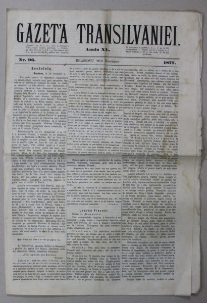 GAZETA TRANSILVANIEI ,  BRASOV , REDACTOR IACOB  MURESIANU ,  ANUL XL , NR. 96 , 20 DECEMBRIE , 1877