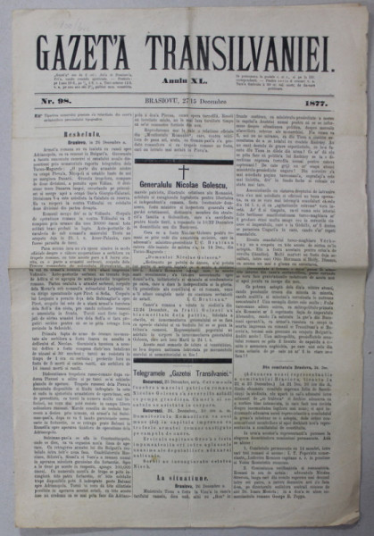 GAZETA TRANSILVANIEI ,  BRASOV , REDACTOR IACOB  MURESIANU ,  ANUL XL , NR. 98 , 27 DECEMBRIE , 1877