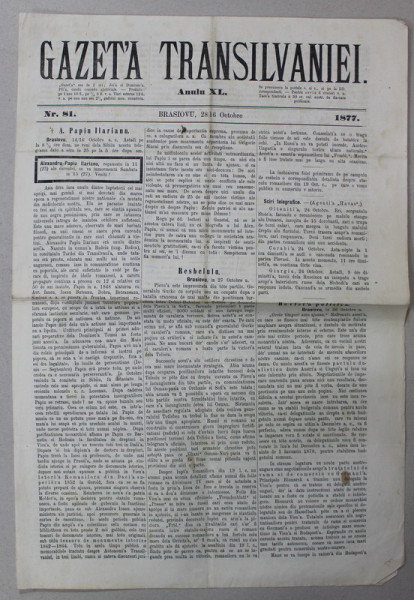 GAZETA TRANSILVANIEI ,  BRASOV , REDACTOR IACOB  MURESIANU ,  ANUL XL , NR.81 , 28 OCTOMBRIE , 1877