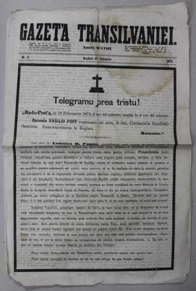 GAZETA TRANSILVANIEI ,  BRASOV , REDACTOR IACOB  MURESIANU ,  ANUL XXXVIII , NR. 11 , 21 FEBRUARIE  , 1875