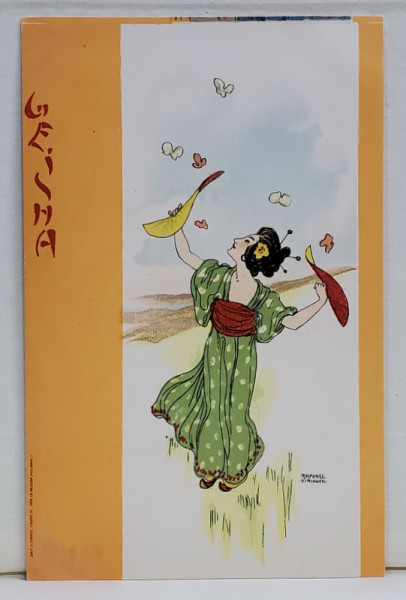 GEISHA CU FLUTURI , CARTE POSTALA ILUSTRATA , CROMOLITOGRAFIE , CLASICA