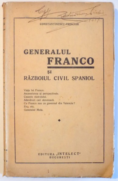 GENERALUL FRANCO SI RAZBOIUL CIVIL SPANIOL de CONSTANTINESCU PRINCIAR , 1937