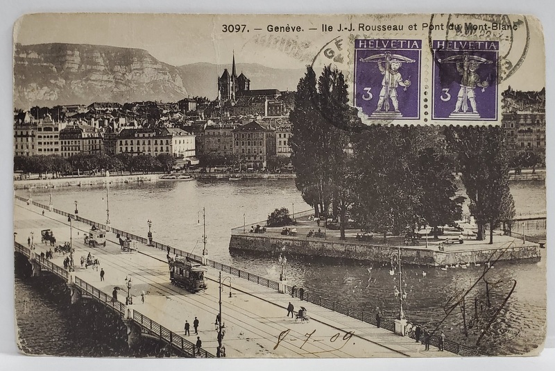 GENEVA , INSULA J.J. ROUSSEAU si PODUL MONT BLANC , CARTE POSTALA , 1909