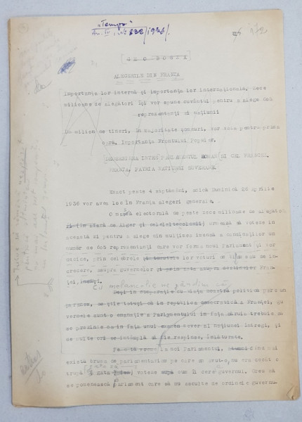 GEO BOGZA  - ALEGERILE DIN FRANTA  -  VARIANTA - ARTICOL PENTRU ZIAR , DACTILOGRAFIAT , CU CORECTURILE,  MODIFICARILE SI ADAUGIRILE OLOGRAFE ALE AUTORULUI , 1936