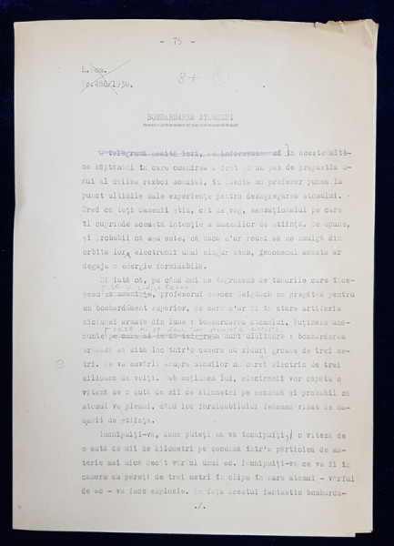 GEO BOGZA  - BOMBARDAREA ATOMULUI   - ARTICOL PENTRU ZIAR , DACTILOGRAFIAT , CU CORECTURILE,  MODIFICARILE SI ADAUGIRILE OLOGRAFE ALE AUTORULUI , 1935