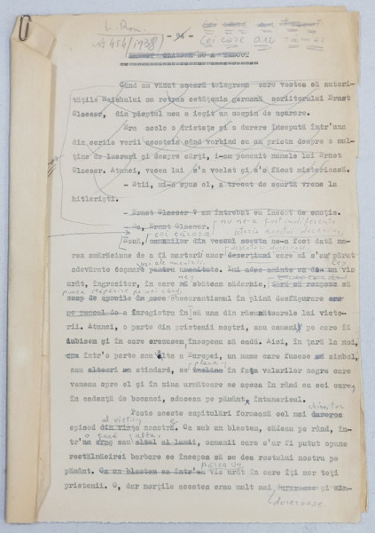GEO BOGZA  - CEI CARE AU RAMAS   - ARTICOL PENTRU ZIAR , DACTILOGRAFIAT , CU CORECTURILE,  MODIFICARILE SI ADAUGIRILE OLOGRAFE ALE AUTORULUI , 1938