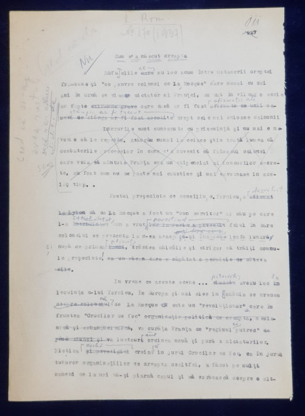 GEO BOGZA  - CUM S-A NASCUT DREAPTA  - ARTICOL PENTRU ZIAR , DACTILOGRAFIAT , CU CORECTURILE,  MODIFICARILE SI ADAUGIRILE OLOGRAFE ALE AUTORULUI , 1937