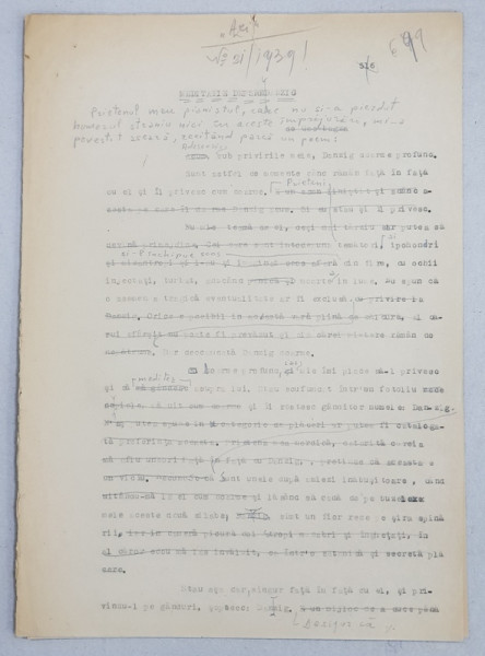 GEO BOGZA  - MEDITATIE DESPRE DANZIG  - ARTICOL PENTRU ZIAR , DACTILOGRAFIAT , CU CORECTURILE,  MODIFICARILE SI ADAUGIRILE OLOGRAFE ALE AUTORULUI , 1939