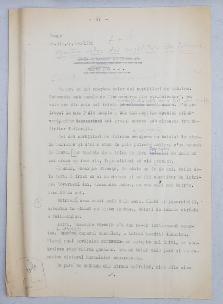 GEO BOGZA  - MOARTEA CELOR DOI CURATATORI DE LATRINE    - ARTICOL PENTRU ZIAR , DACTILOGRAFIAT , CU CORECTURILE,  MODIFICARILE SI ADAUGIRILE OLOGRAFE ALE AUTORULUI , 1935