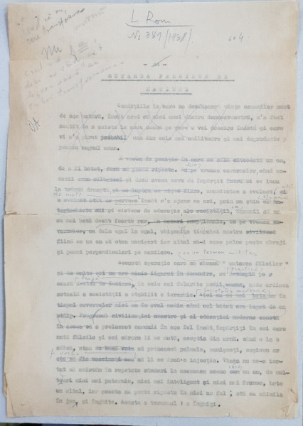 GEO BOGZA  - MUTAREA FALCILOR LA NATIUNI  / ELOGIUL GREIERULUI  - ARTICOLE PENTRU ZIAR , DACTILOGRAFIATE , CU CORECTURILE,  MODIFICARILE SI ADAUGIRILE OLOGRAFE ALE AUTORULUI , 1938