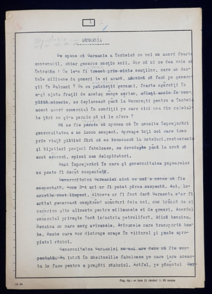 GEO BOGZA  - NEGUSTORIE CU GERMANIA    - ARTICOL PENTRU ZIAR , DACTILOGRAFIAT , CU CORECTURILE,  MODIFICARILE SI ADAUGIRILE OLOGRAFE ALE AUTORULUI , 1935