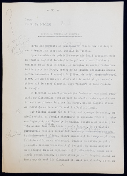 GEO BOGZA  - O PISICA MIAUNA LA VENETIA  - ARTICOL PENTRU ZIAR , DACTILOGRAFIAT , CU CORECTURILE,  MODIFICARILE SI ADAUGIRILE OLOGRAFE ALE AUTORULUI , 1936