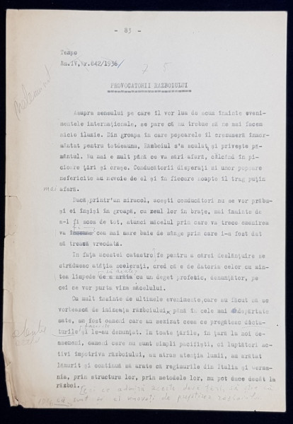 GEO BOGZA  - PROVOCATORII RAZBOIULUI - ARTICOL NETERMINAT,  PENTRU ZIAR , DACTILOGRAFIAT , CU CORECTURILE,  MODIFICARILE SI ADAUGIRILE OLOGRAFE ALE AUTORULUI , 1936