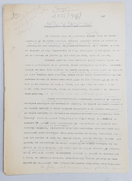 GEO BOGZA  - SALUTARI DIN RAMNICU SARAT  - ARTICOL PENTRU ZIAR , DACTILOGRAFIAT , CU CORECTURILE,  MODIFICARILE SI ADAUGIRILE OLOGRAFE ALE AUTORULUI , 1935