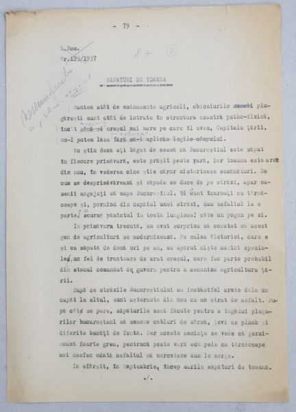 GEO BOGZA  - SAPATURI DE TOAMNA  - VARIANTA    - ARTICOL PENTRU ZIAR , DACTILOGRAFIAT , CU CORECTURILE,  MODIFICARILE SI ADAUGIRILE OLOGRAFE ALE AUTORULUI , 1937