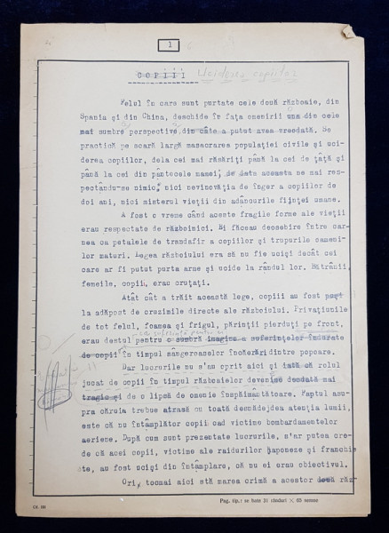 GEO BOGZA  - UCIDEREA COPIILOR  - ARTICOL PENTRU ZIAR , DACTILOGRAFIAT , CU CORECTURILE,  MODIFICARILE SI ADAUGIRILE OLOGRAFE ALE AUTORULUI , 1938