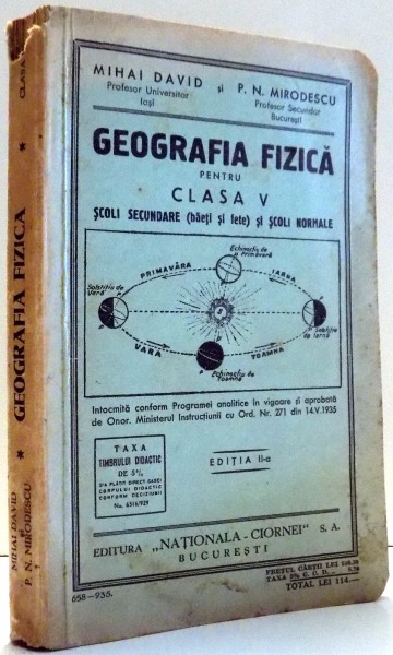 GEOGRAFIA FIZICA PENTRU CLASA A V A de MIHAI DAVID SI P.N. MIRODESCU , EDITIA A II A , 1935
