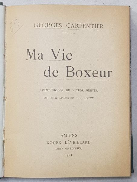 GEORGES CARPENTIER - MA VIE DE BOXEUR, 1921