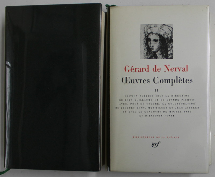 GERARD NERVAL , OEUVRES COMPLETES , DEUX VOLUMES , BIBLIOTHEQUE DE LA PLEIADE , 1984 -1989 , EDITIE DE LUX ,  PE HARTIE DE BIBLIE , LEGATURA DIN PIELE , VOLUMUL I PREZINTA  HALOURI DE APA