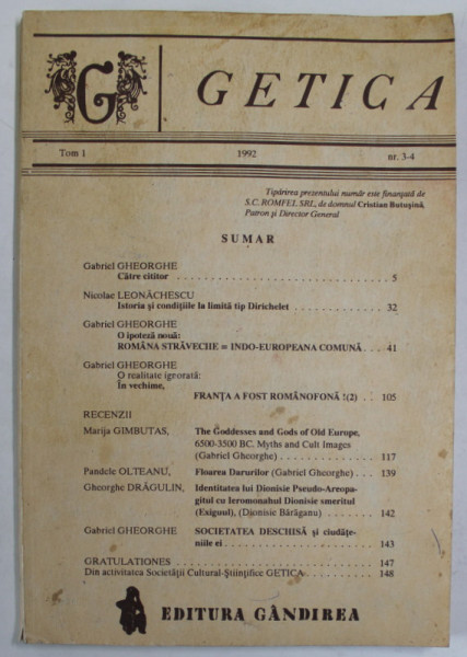 GETICA , REVISTA , TOM I , NR. 3-4 , 1992