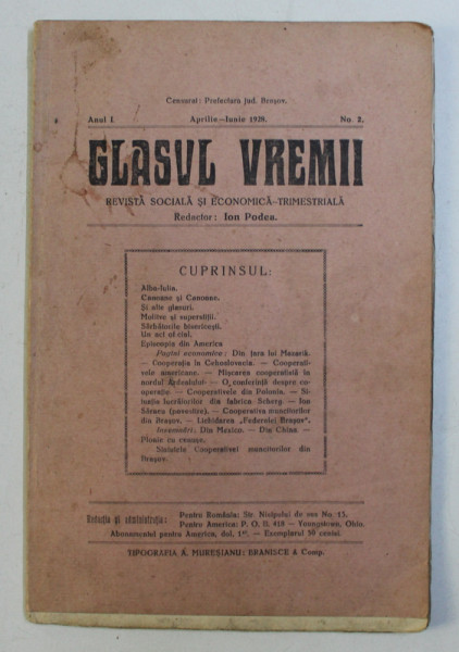 GLASUL VREMII , REVISTA SOCIALA SI ECONOMICA-TRIMESTRIALA , ANUL I , NO. 2 , APRILIE-IUNIE 1928