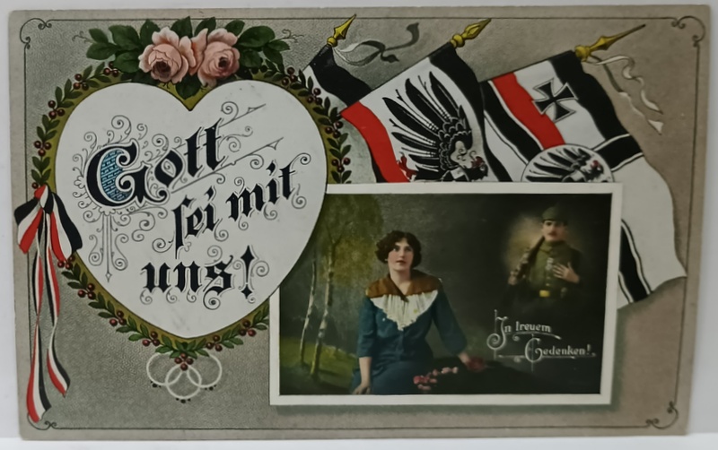 GOTT ..MIT UNS ! ALEGORIE DE PROPAGANDA , STEAGUL GERMANIEI SI SOLDAT GANDINDU - SE LA SOTIE , CARTE POSTALA , 1915