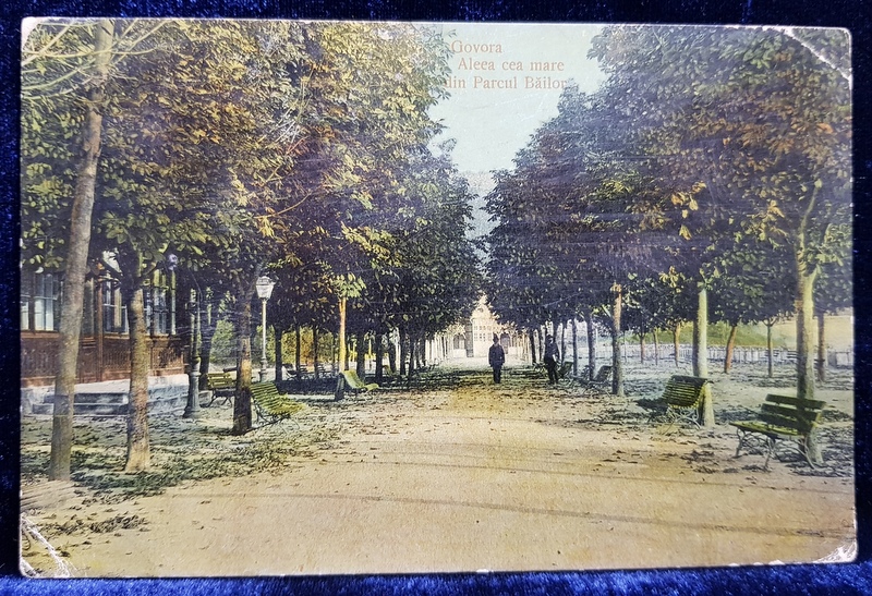 GOVORA  - ALEEA CEA MARE DIN PARCUL BAILOR , CARTE POSTALA ILUSTRATA , POLICROMA, CIRCULATA , DATATA 1911 , COLTUL DIN DREAPTA SUS INDOIT *