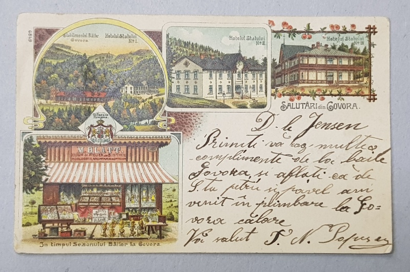 GOVORA , HOTELURILE STATULUI , I, II, III , CARTE POSTALA DESTINATA CEASORNICARULUI CURTII REGALE , JENSEN F. , CLASICA , CROMOLITOGRAFIE