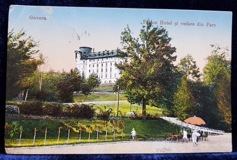 GOVORA - PALACE HOTEL SI VEDERE DIN PARC , CARTE POSTALA ILUSTRATA , POLICROMA, CIRCULATA , DATATA 1916, COLTUL DIN STANGA SUS INDOIT *