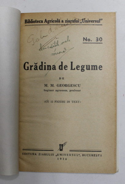 GRADINA DE LEGUME de M.M. GEORGESCU , 1934