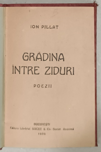 GRADINA INTRE ZIDURI , POEZII de ION PILLAT , 1920