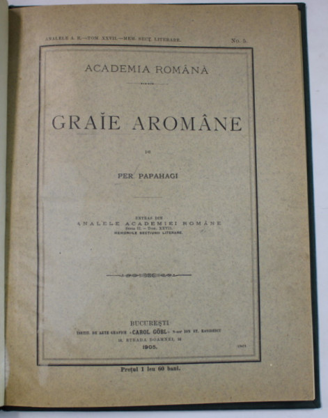 GRAIE AROMANE de PER. PAPAHAGI , 1905